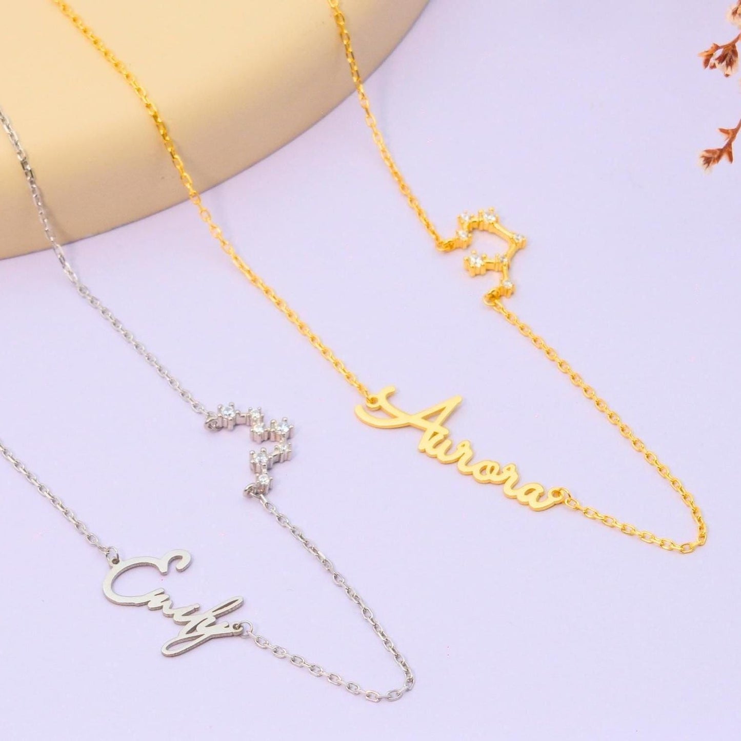 Name Necklace with Custom Zodiac Charm, Personalized Christmas Gift, Astrology Jewel