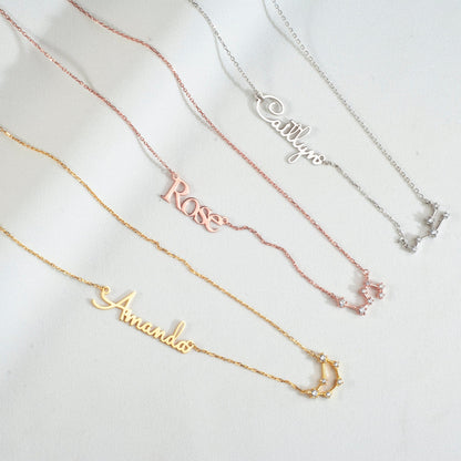 Name Necklace with Zodiac Pendant for Custom Christmas Gift, Celestial Zodiac Gift as Mother Gift