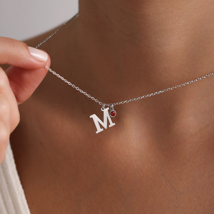 Initial and Birthstone Necklace, Christmas Gift Sterling Silver Chain and Charm