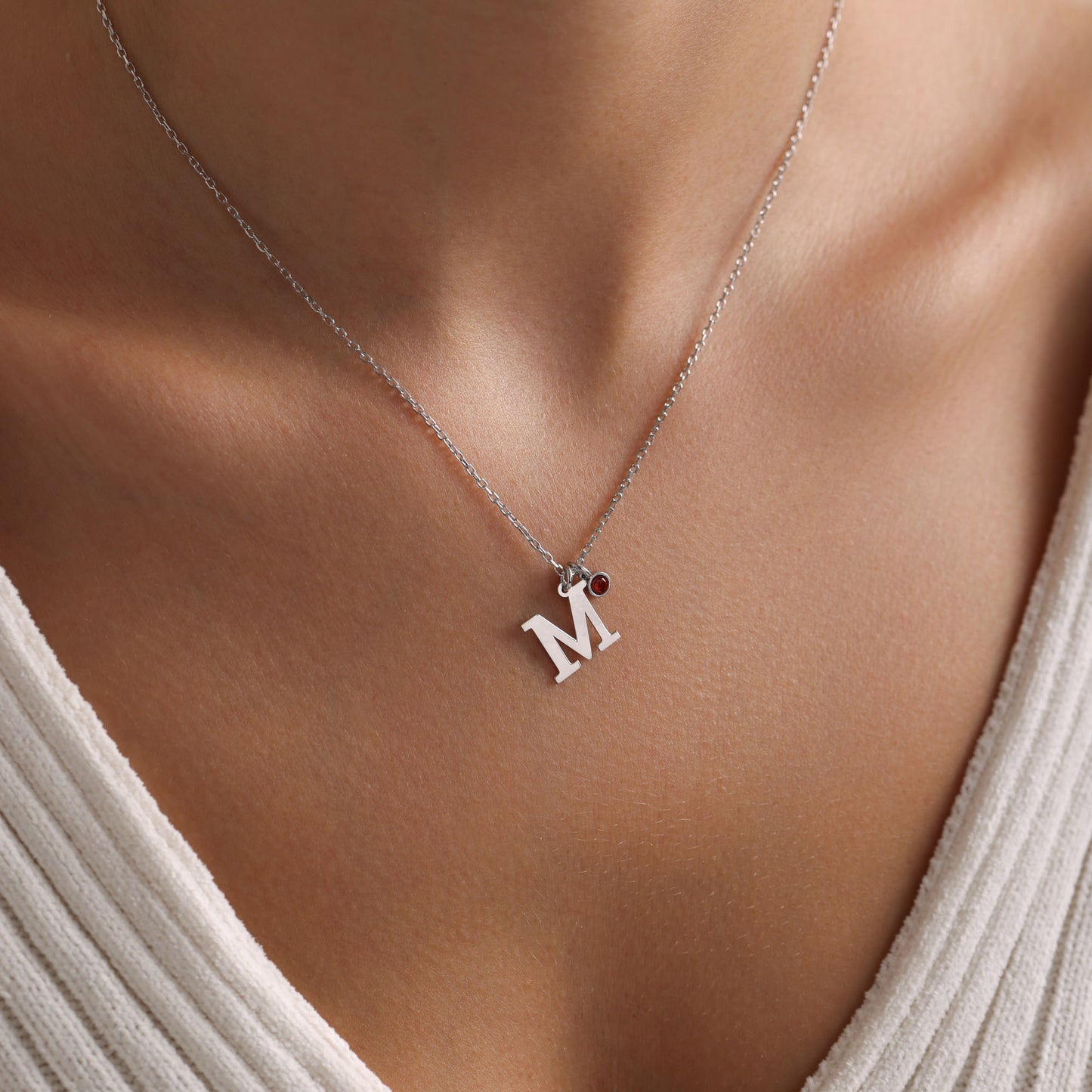 Initial and Birthstone Necklace, Christmas Gift Sterling Silver Chain and Charm