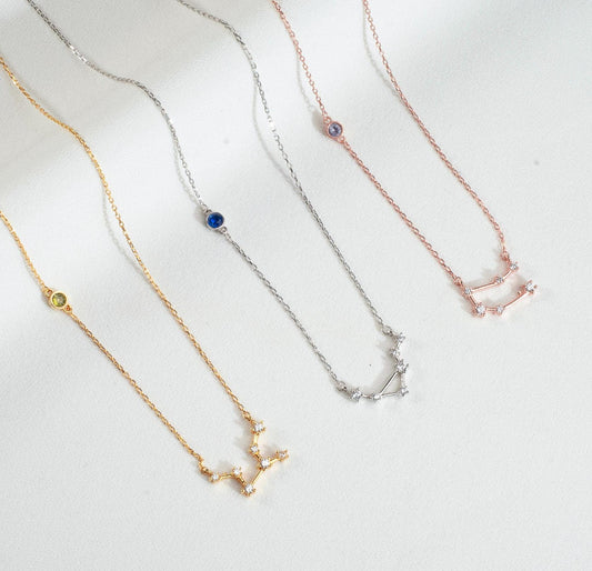 Zodiac Necklace with Birthstone, Constellation Christmas Gift for Women