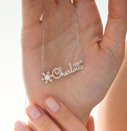 Name Necklace with Snowflake Charm, Christmas Gift, Gold and Silver Variations