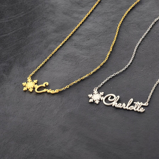 14K Gold Filling Name Necklace with Snowflake, Silver Christmas Gift for Kids and Family