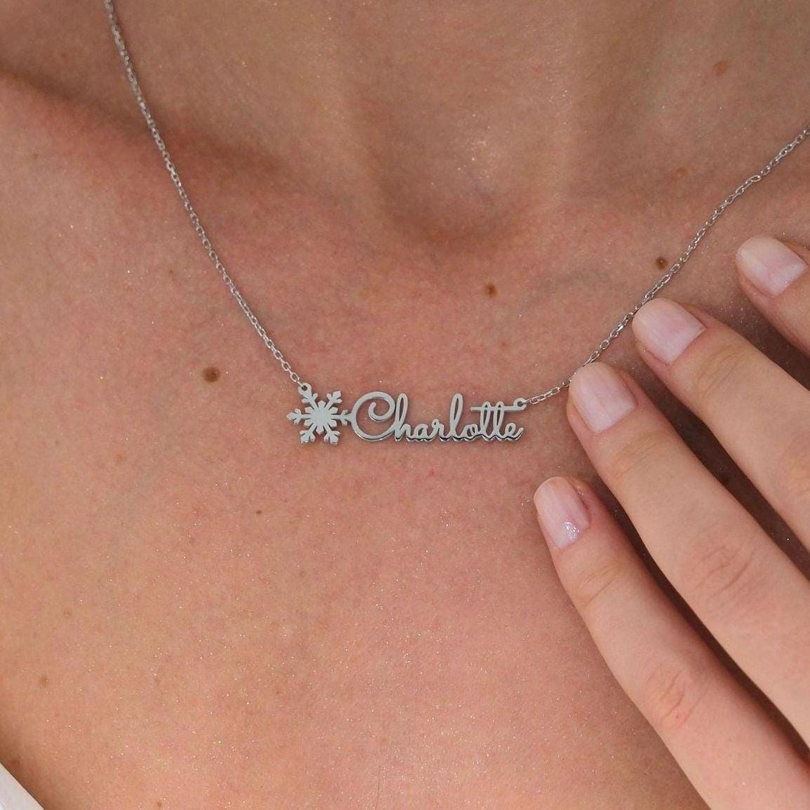 14K Gold Filling Name Necklace with Snowflake, Silver Christmas Gift for Kids and Family