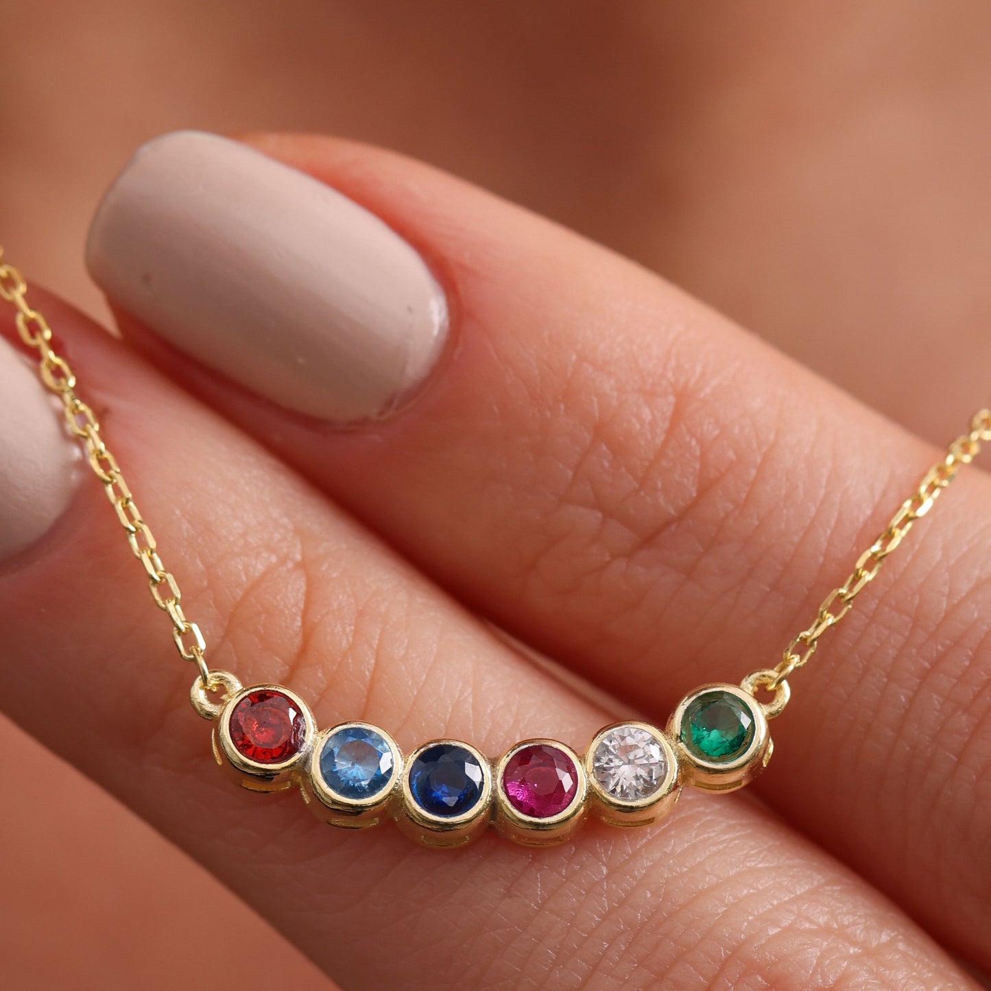 Family Birthstone Necklace, Round Birth Month Stones